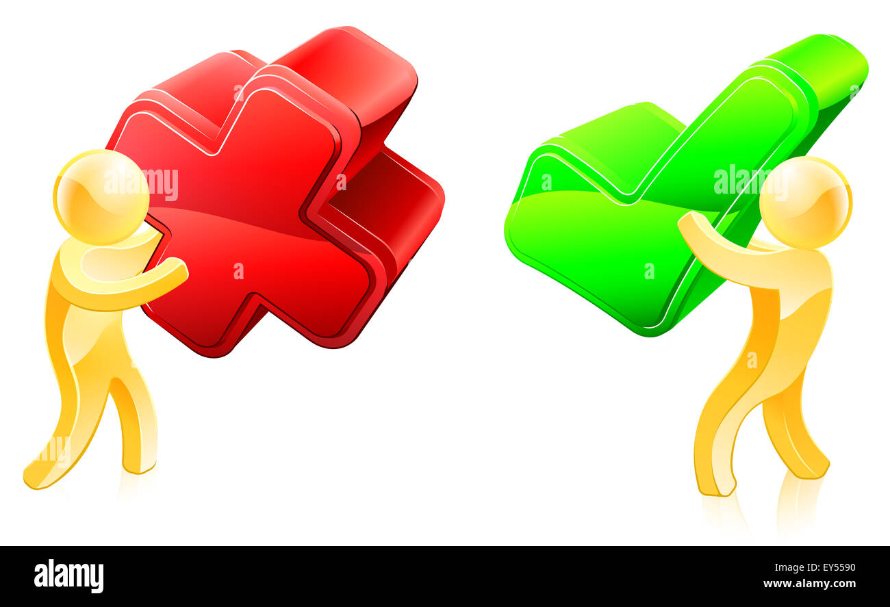 Sì e nessun concetto di due persone, una con una crocetta e uno con croce Foto Stock