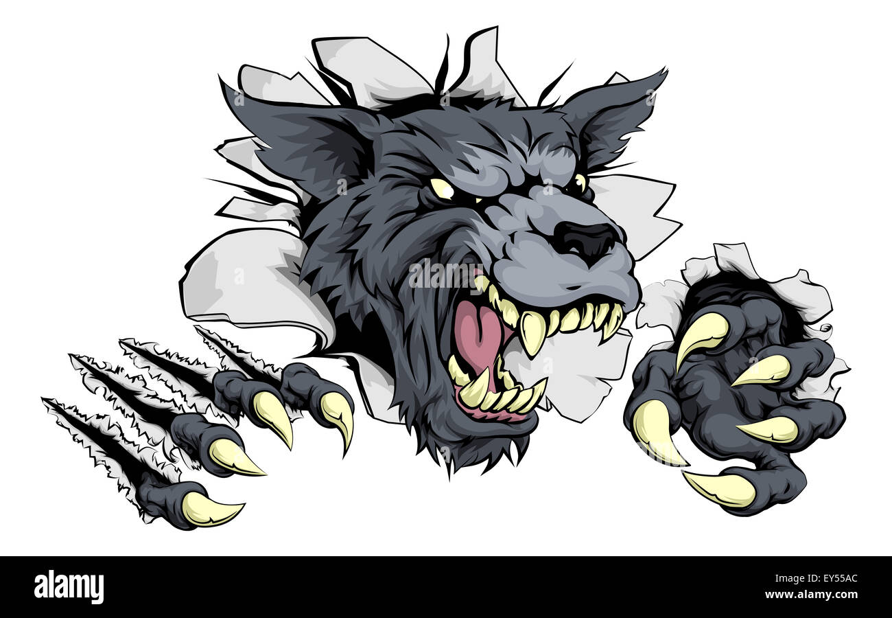 Un pauroso wolf ripping mascotte attraverso lo sfondo con artigli affilati Foto Stock