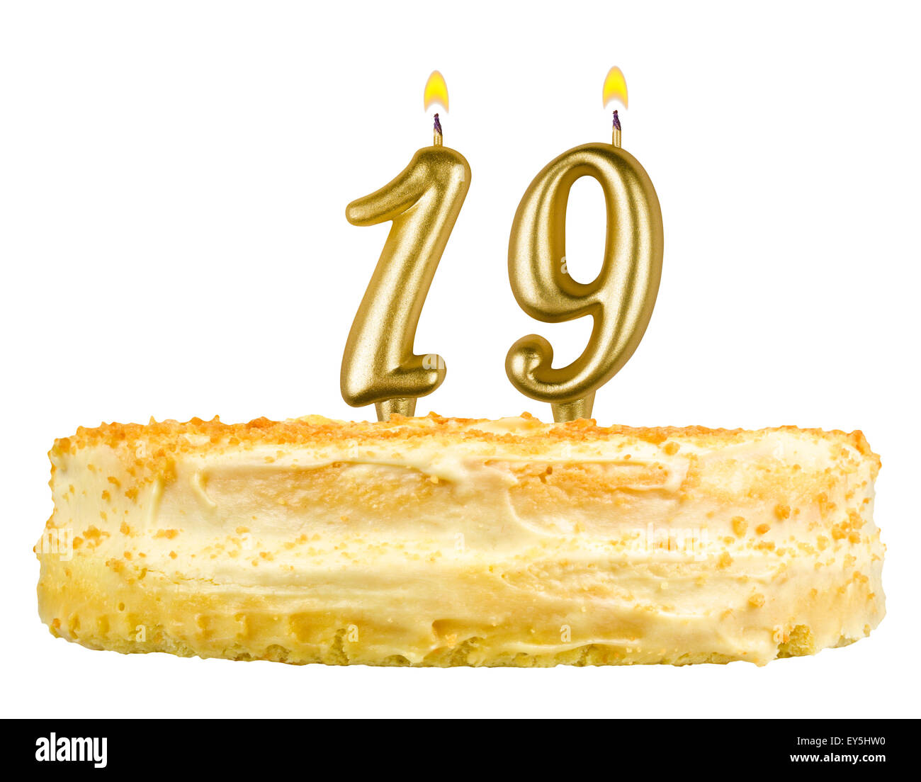 Torta di compleanno con candele numero diciannove isolati su sfondo bianco Foto Stock