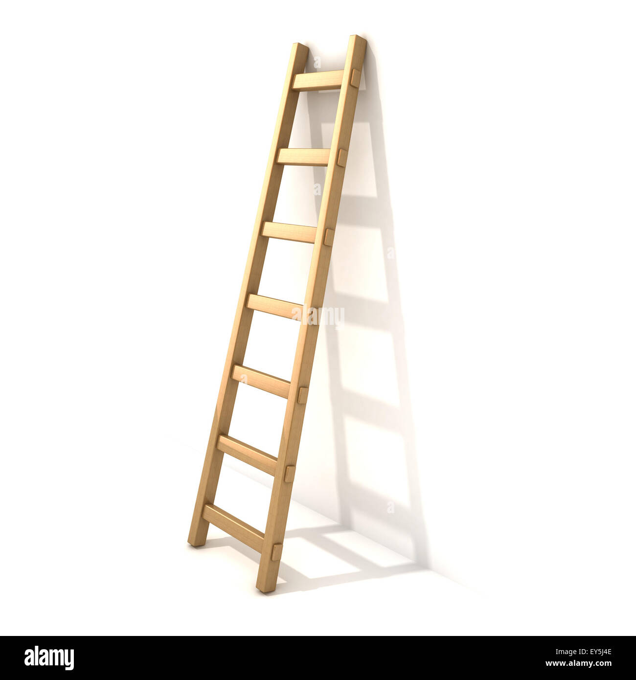 Scaletta di legno, vicino a muro bianco. 3D render illustrazione isolati su sfondo bianco. Foto Stock