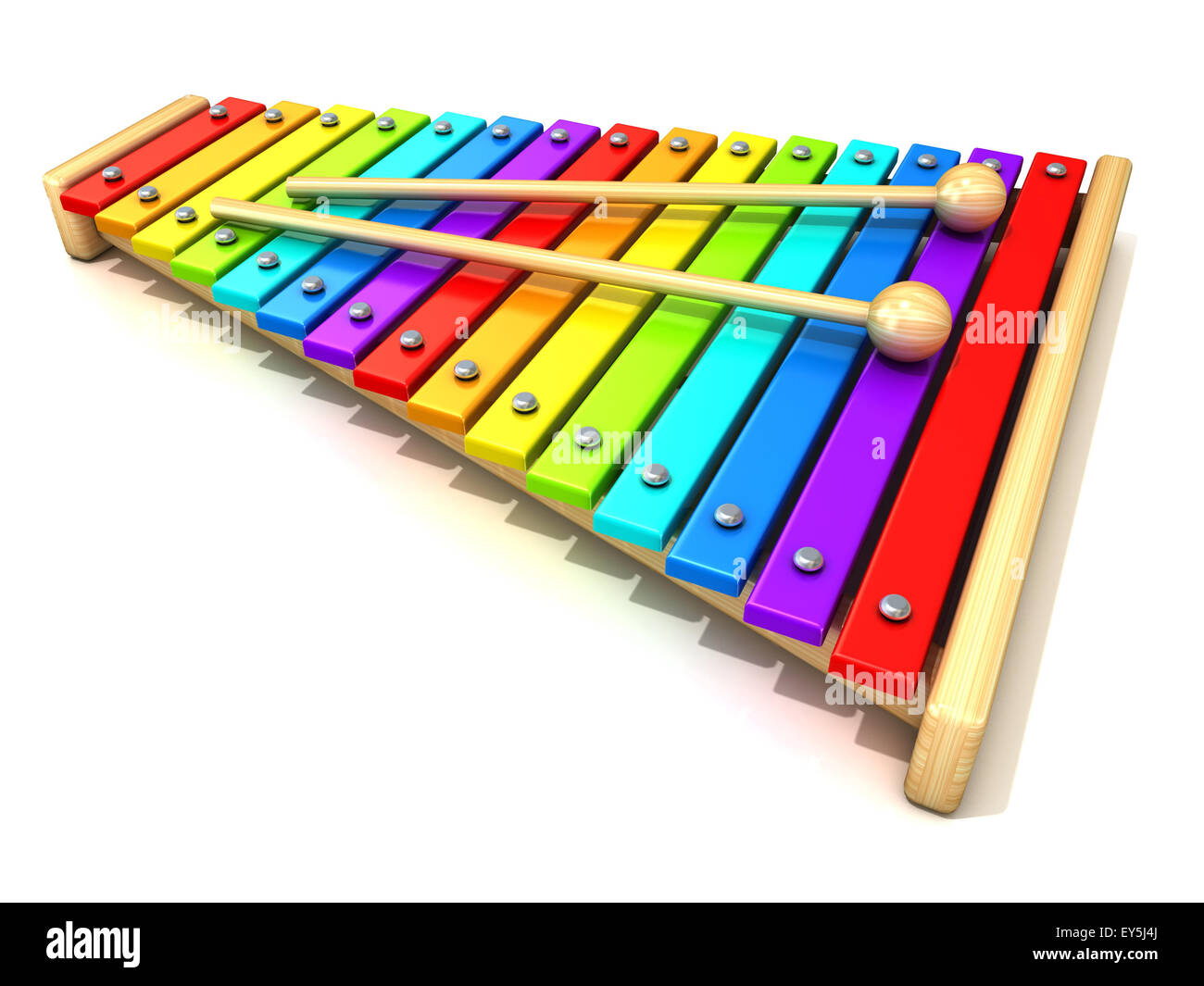 Xilofono arcobaleno con tasti colorati e con due tamburo di legno bastoni. 3D render isolati su sfondo bianco. Giocattolo di legno. Percussio Foto Stock