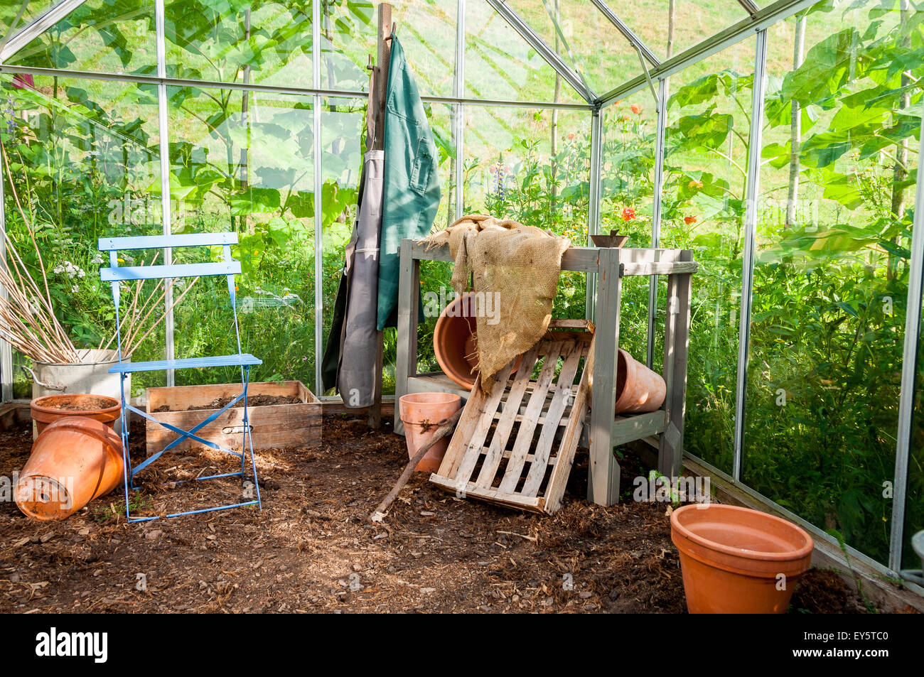 Repotting tavola in una serra giardino Foto Stock