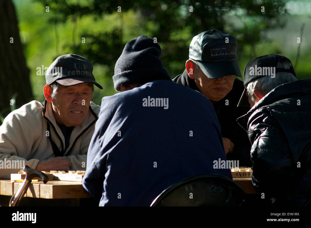 Tokyo, Giappone. Un gruppo di pensionati uomini godono di un gioco di 'Go' (scacchi cinesi) in un parco locale. Foto Stock