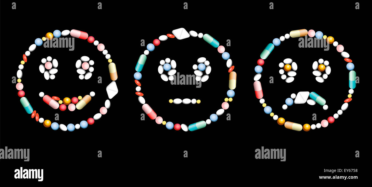 Pillole, capsule e compresse, che formano un sorridente, una folle e una faccia triste. Foto Stock