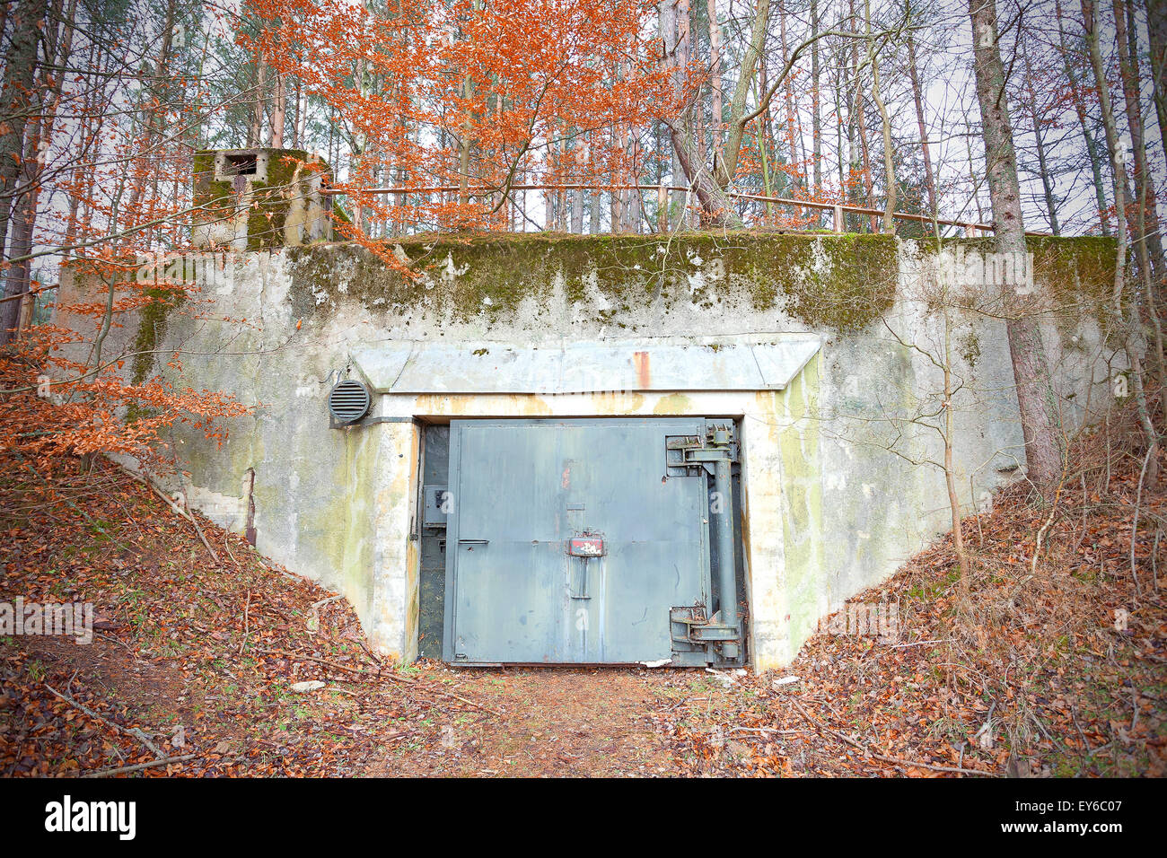 Vecchio abbandonato Guerra Fredda bunker in foresta, Podborsko in Polonia. Foto Stock