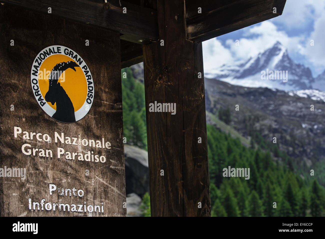 Il logo del Parco Nazionale del Gran Paradiso nelle Alpi Graian, Italia Foto Stock