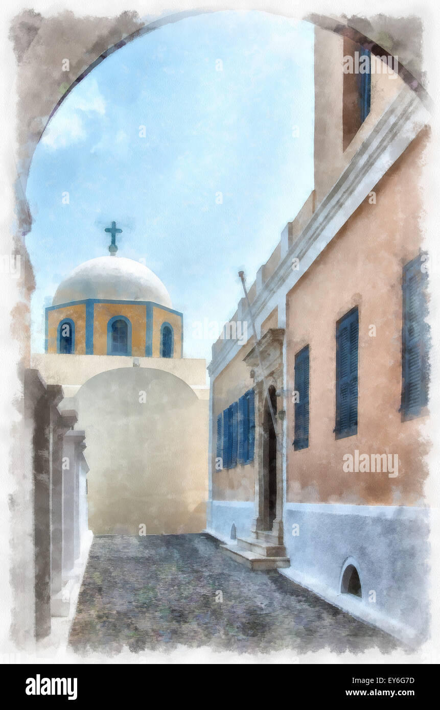 Un digital pittura ad acquerello della cattedrale cattolica situato nel capoluogo di fira sull'isola greca di Santorini. Foto Stock