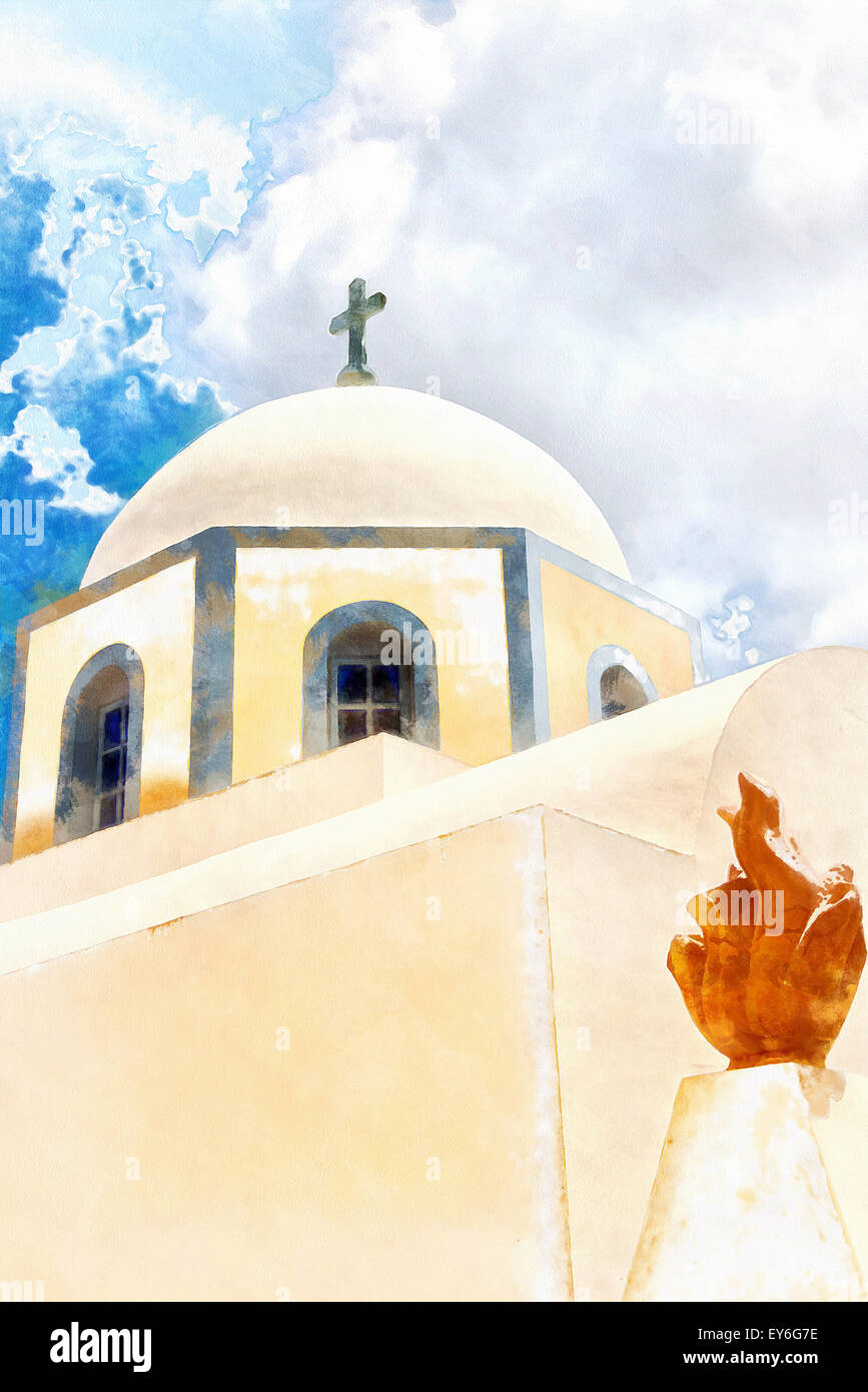 Un digital pittura ad acquerello della cattedrale cattolica situato nel capoluogo di fira sull'isola greca di Santorini. Foto Stock