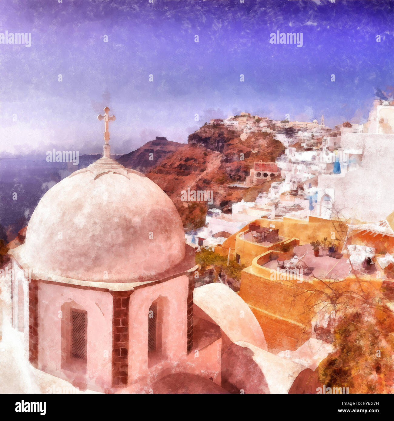 Un digital pittura ad acquerello del capitale di Santorini cittadina di Fira con punto di riferimento la chiesa in primo piano. Foto Stock