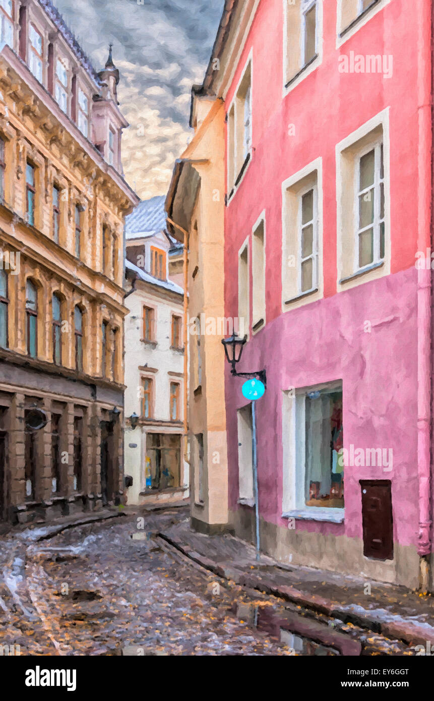 Una pittura digitale di uno dei molti caratteristici piccoli vicoli nella città vecchia regione di Riga. Foto Stock