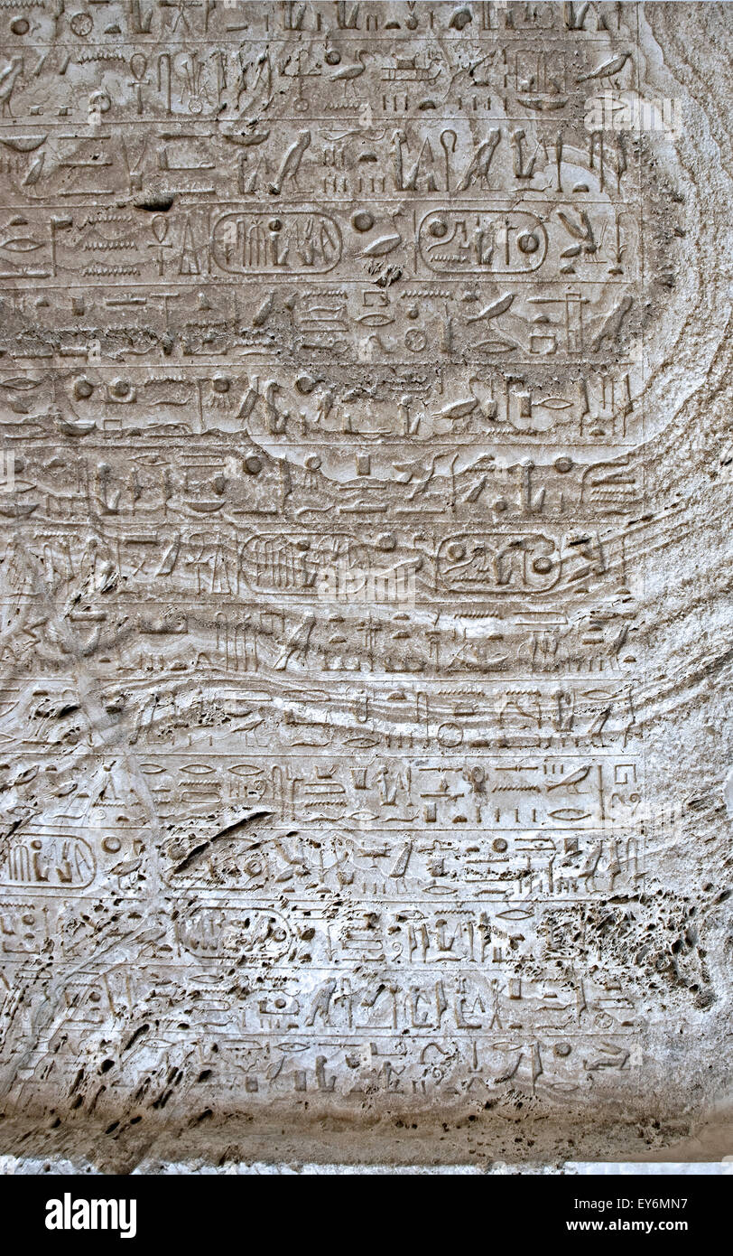 Karnak Luxor Egitto. Tempio di Karnak sacro al dio Amon: blocco scolpito con hieroglyps e cartouches di Ramses II Foto Stock