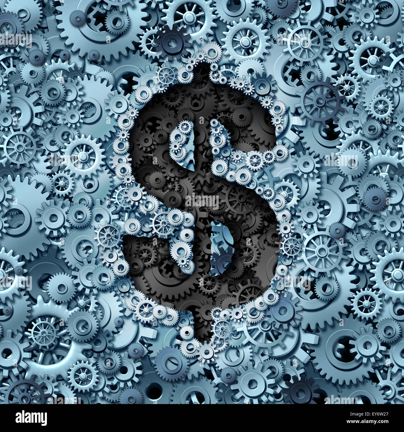 Macchina di denaro concetto come operazioni finanziarie il simbolo con un simbolo di dollaro all'interno icona uno sfondo di ingranaggi e ruote dentate come metafora per la ricchezza e la crescita di profitto del settore. Foto Stock