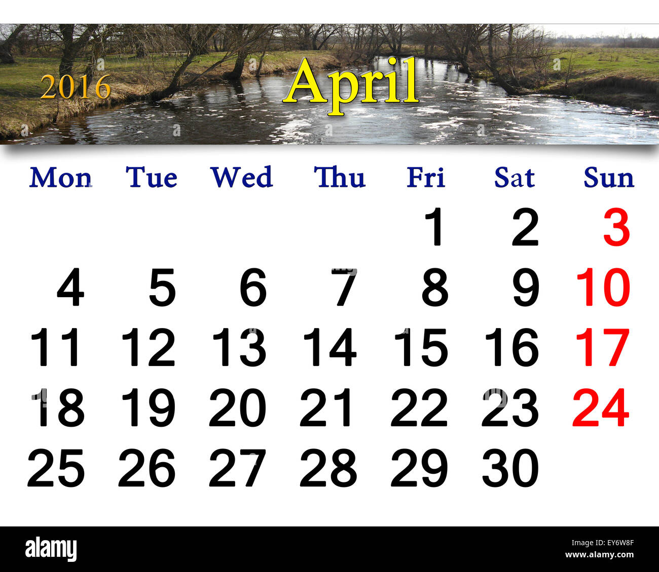 Bellissimo il calendario per il mese di aprile 2016 con molla flood sul fiume Foto Stock