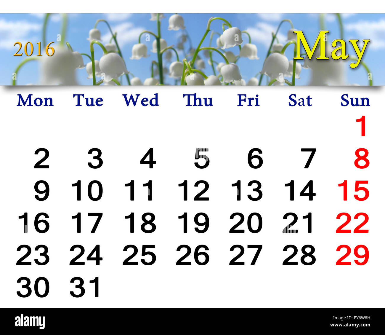 Calendario per il mese di maggio 2016 sullo sfondo di fiori il giglio della valle Foto Stock