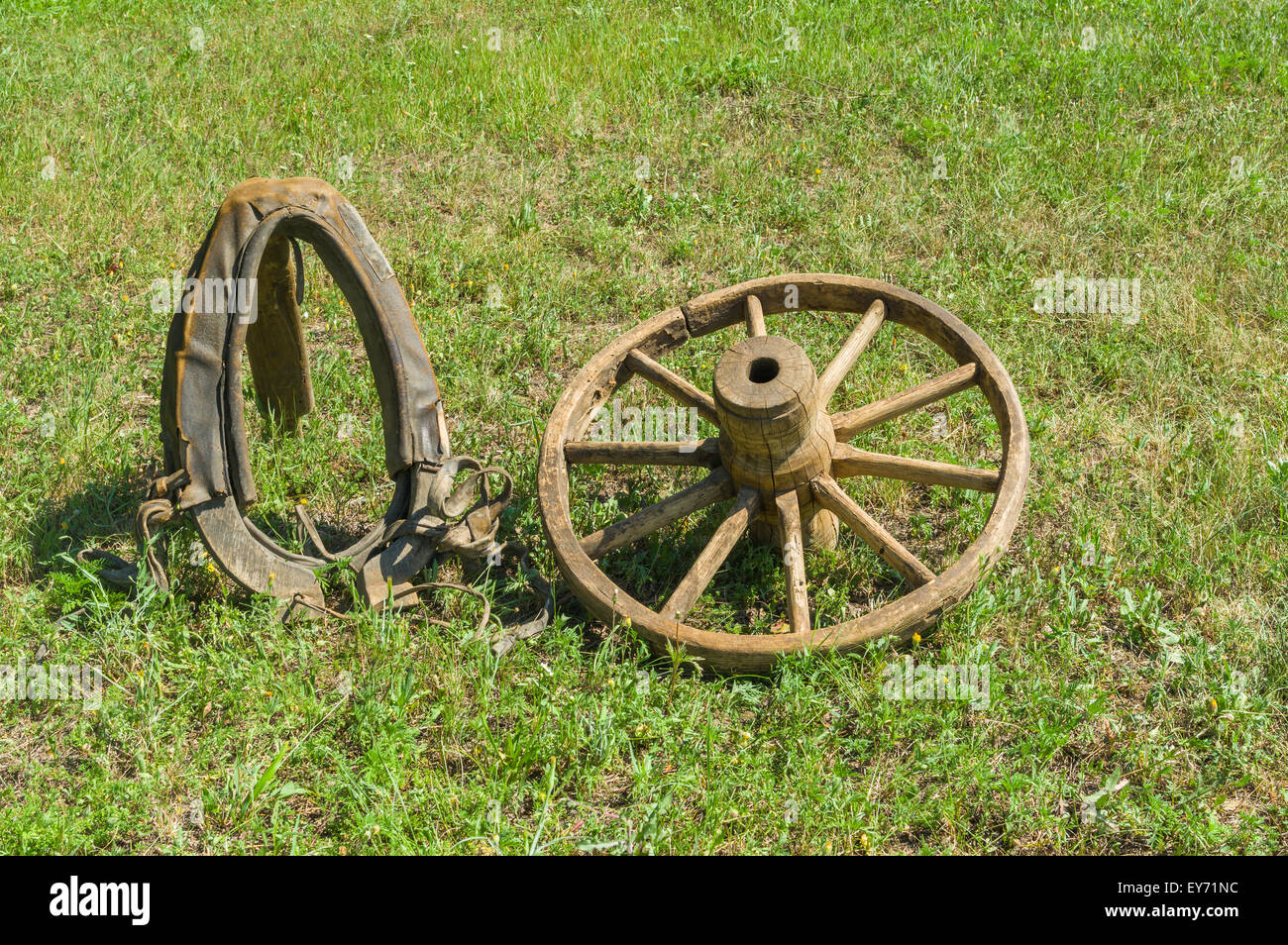 Antico giogo ucraino e legno curvato ruota giacente sulla terra Foto Stock