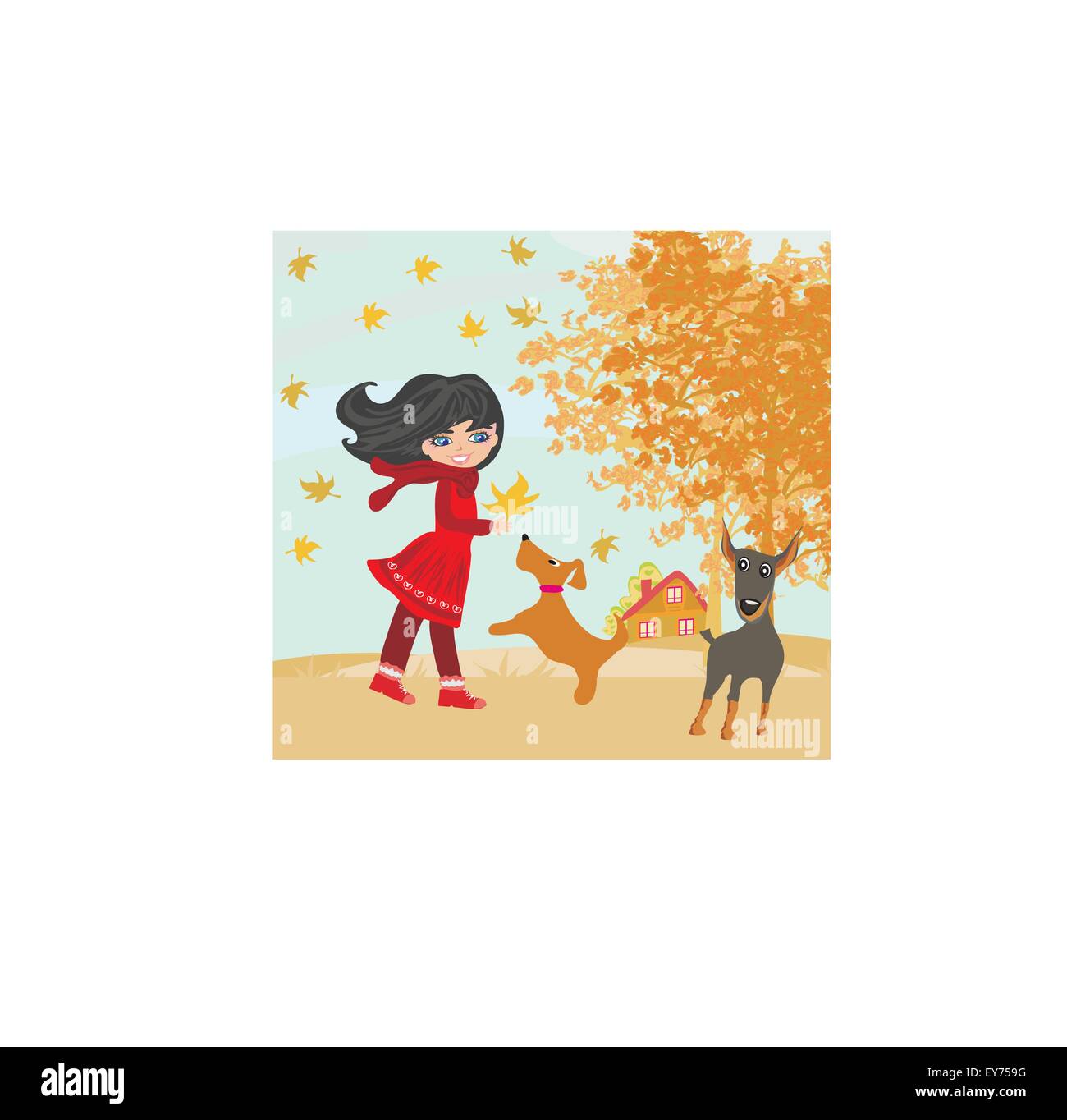 Ragazza che gioca con i suoi cani in autunno Illustrazione Vettoriale