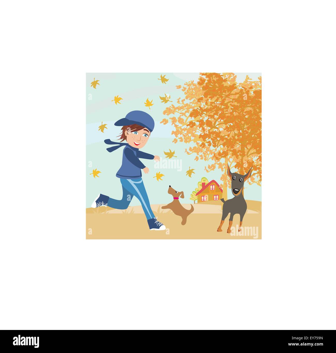 Ragazzo giocando con i suoi cani in autunno Illustrazione Vettoriale