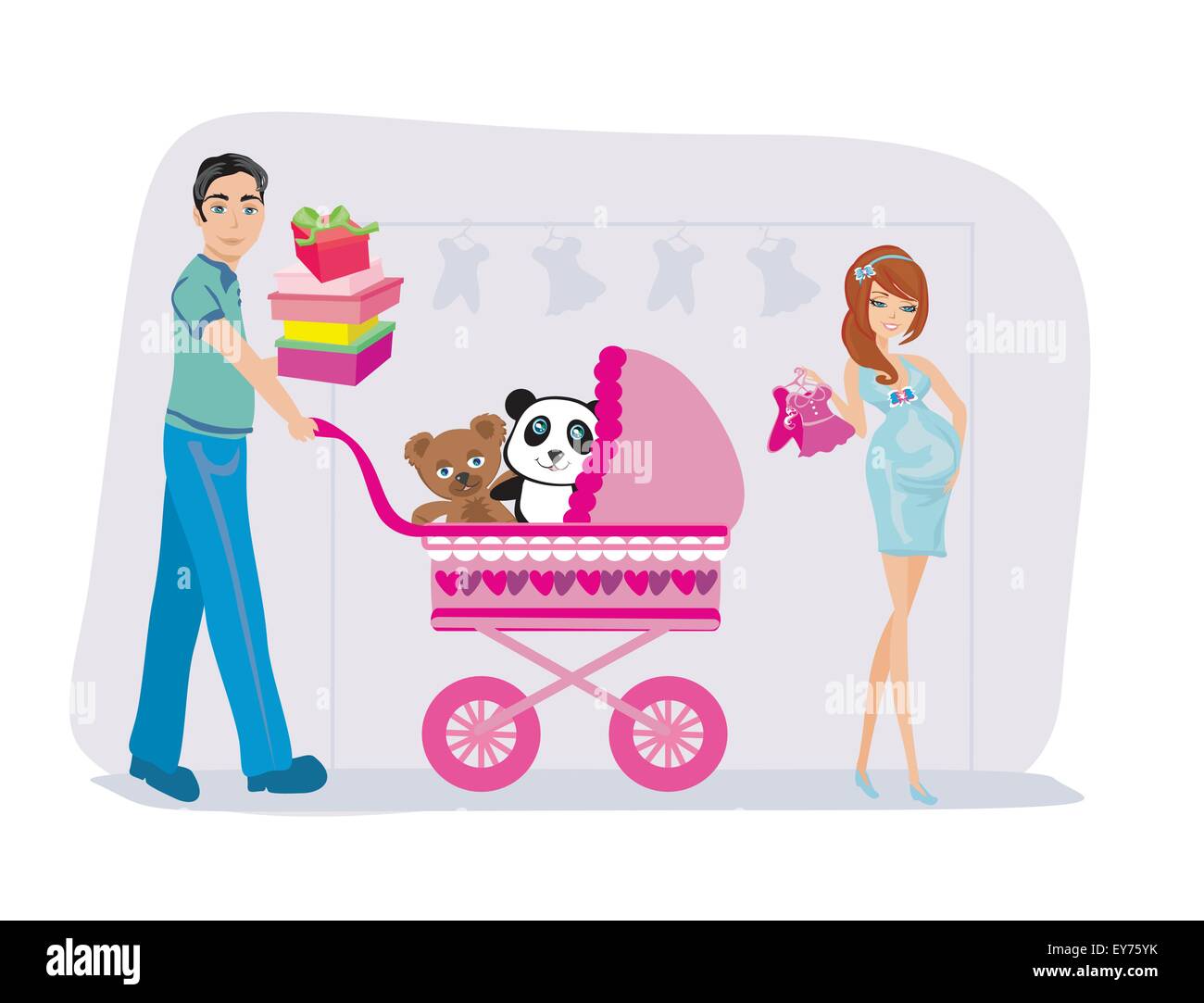 Bella donna incinta e suo marito per lo shopping Illustrazione Vettoriale