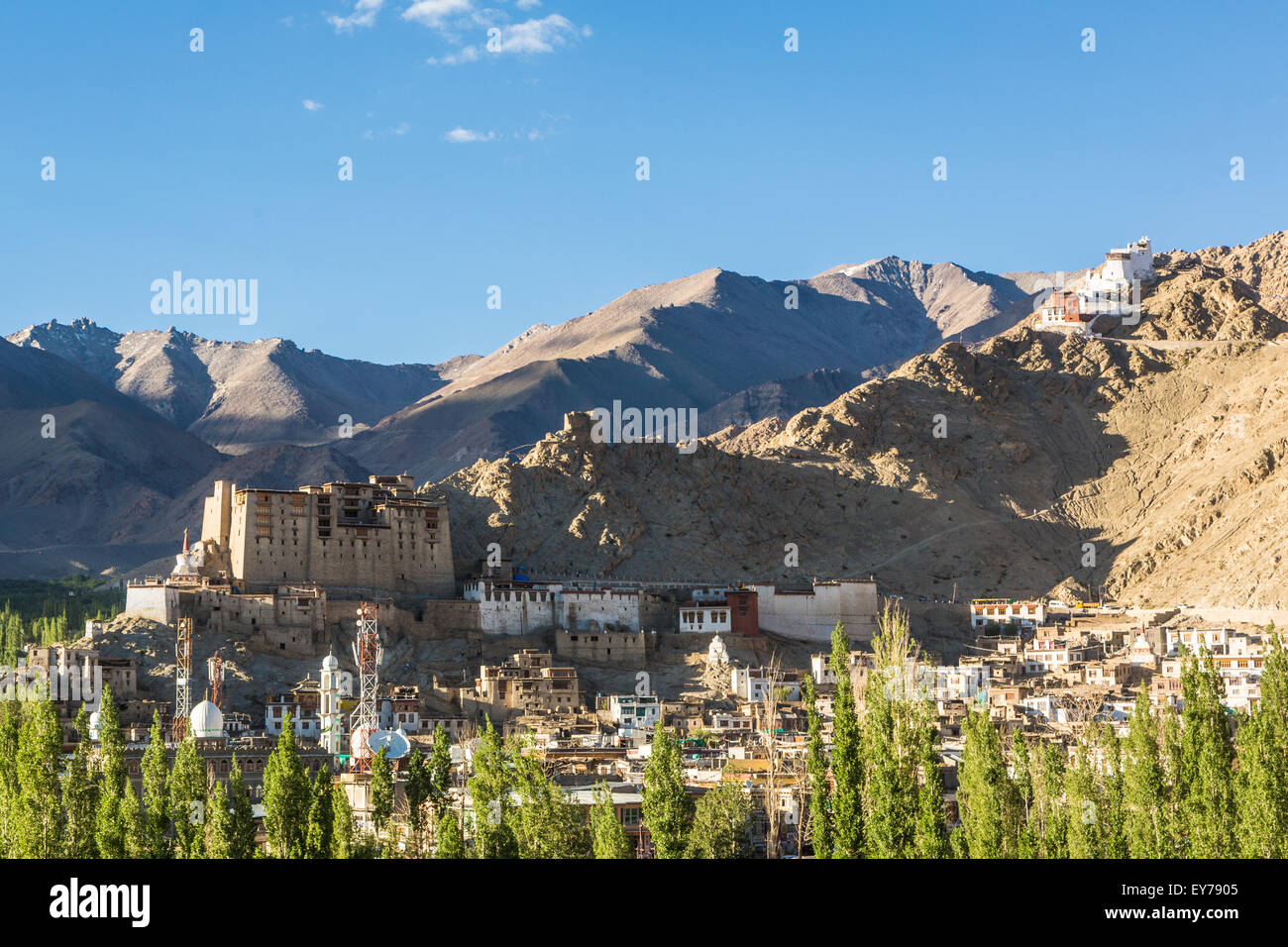 Leh Palace e una vista del villaggio in Ladakh, India Foto Stock