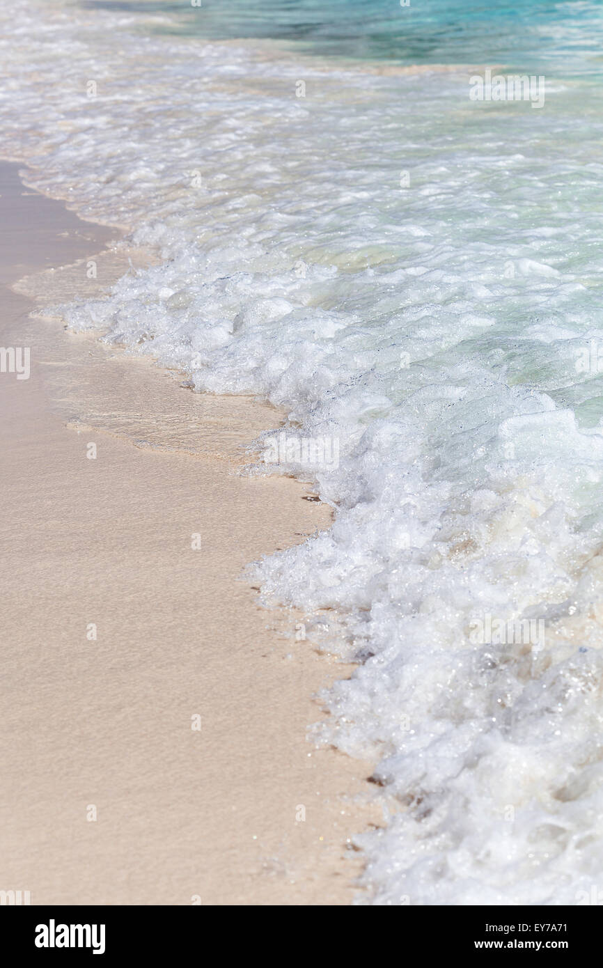 Le onde del mare con la schiuma sulla spiaggia di sabbia bianca. Free sfondo copyspace Foto Stock