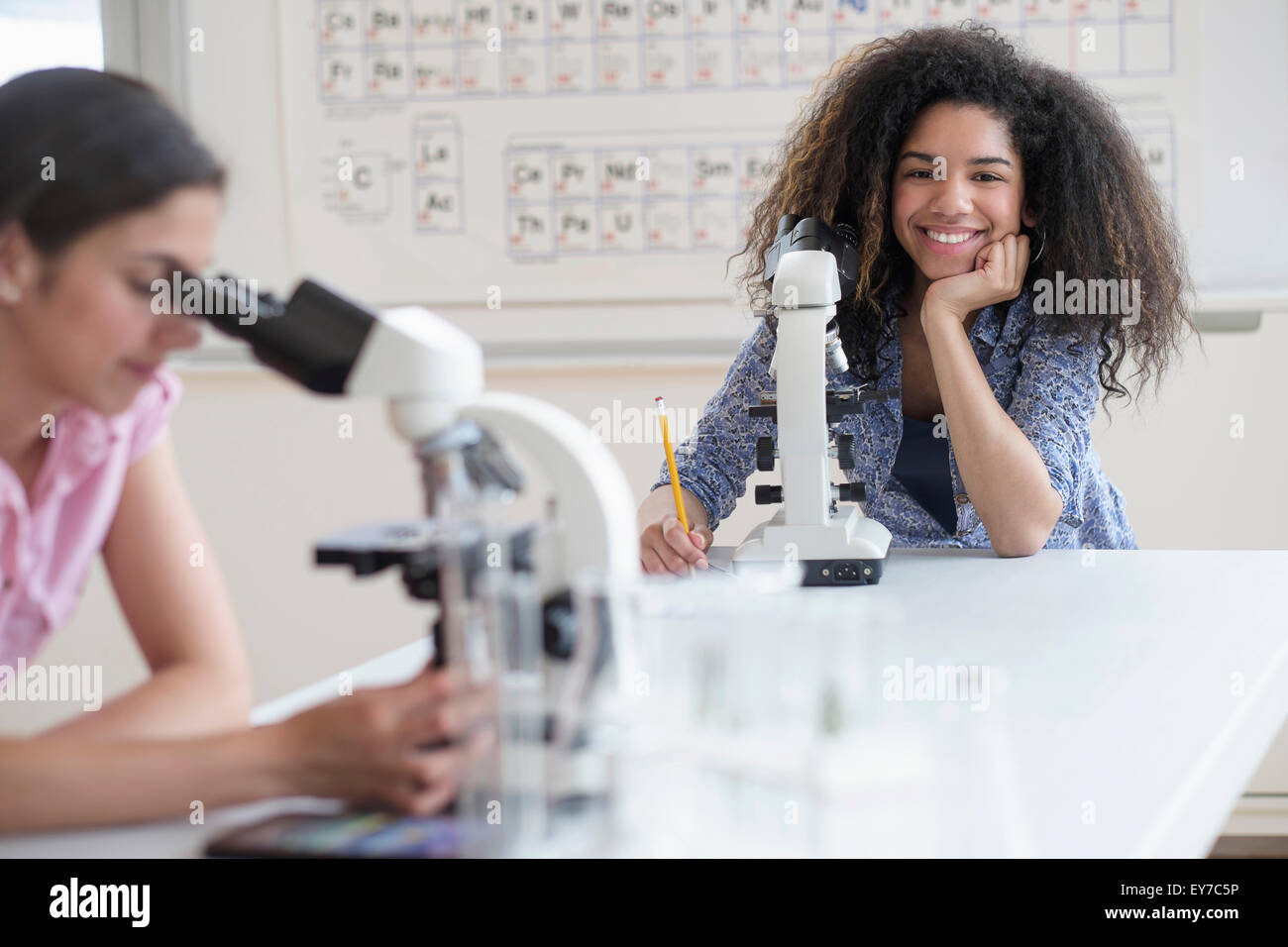Le ragazze adolescenti (14-15, 16-17) utilizzando il microscopio nella classe di scienze Foto Stock