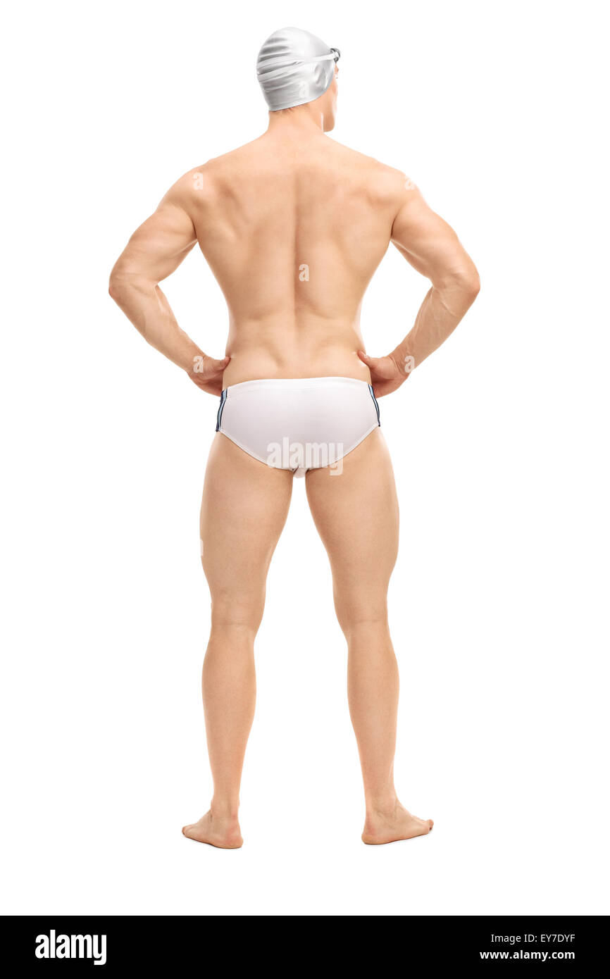 Lunghezza piena vista posteriore colpo di un bel nuotatore in bianco costume da bagno e una nuotata grigio cappuccio isolato su sfondo bianco Foto Stock