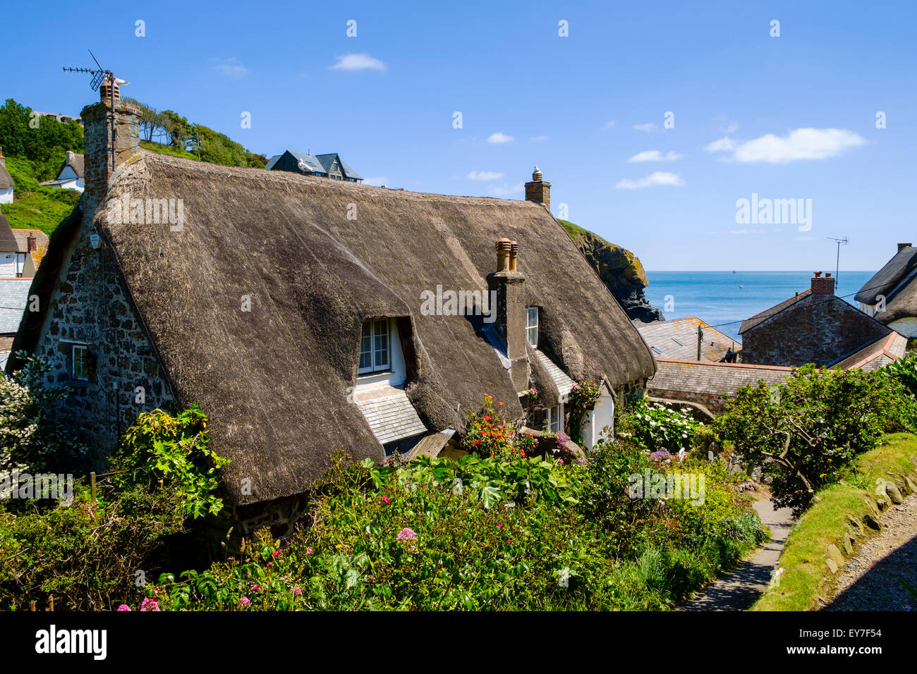 Cottage con il tetto di paglia nel piccolo villaggio di pescatori di Cadgwith, penisola di Lizard, Cornwall, Regno Unito Foto Stock