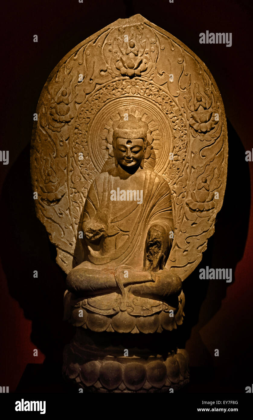 Sakyamuni Buddha, pietra, Northern Qi (550-577 AD) al Museo di Shanghai di Antica Arte Cinese Cina Foto Stock