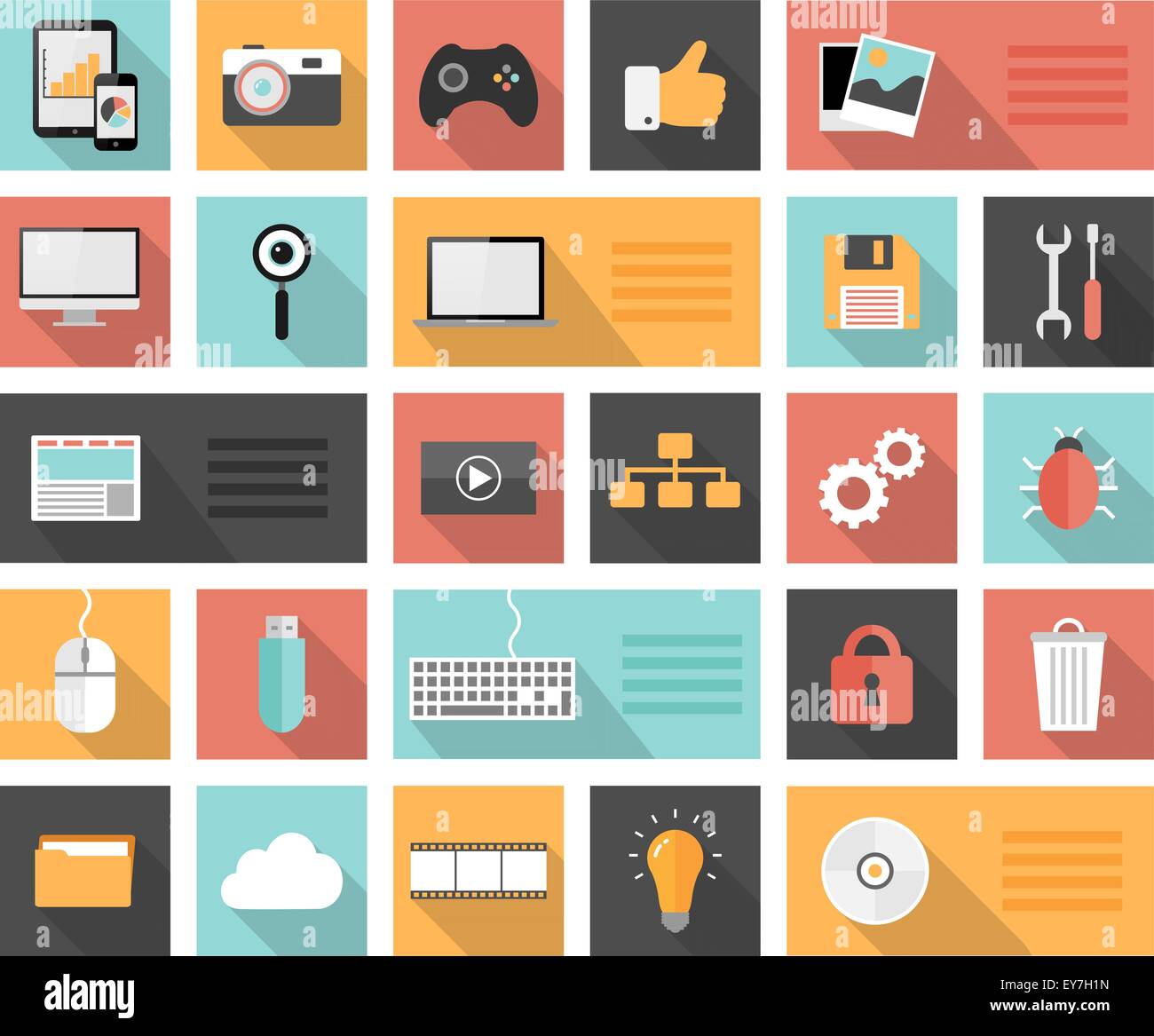 25 piana seo, sviluppo, social media e icone del computer con ombre lunghe Illustrazione Vettoriale