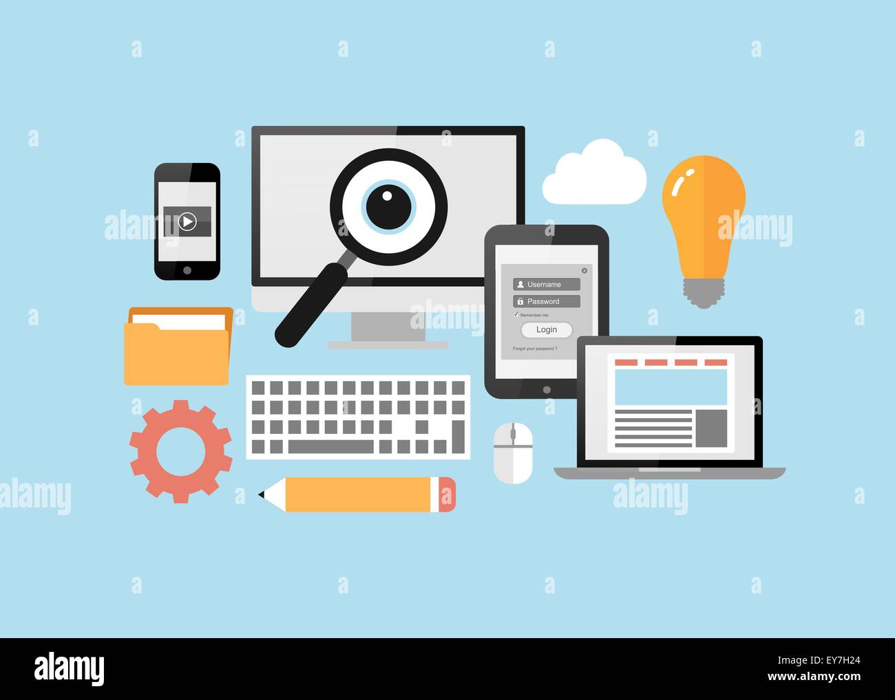 Computer, tablet PC, smart phone, notebook con piatto elementi di progettazione dell'interfaccia utente su sfondo blu Illustrazione Vettoriale