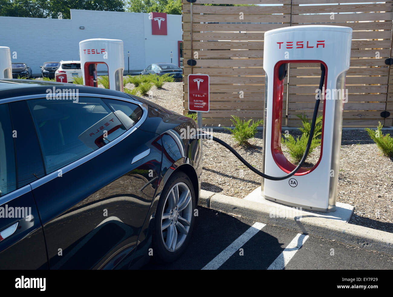 Auto elettrica stazione di ricarica con una berlina Tesla collegato. Tesla concessionaria, Paramus, NJ Foto Stock