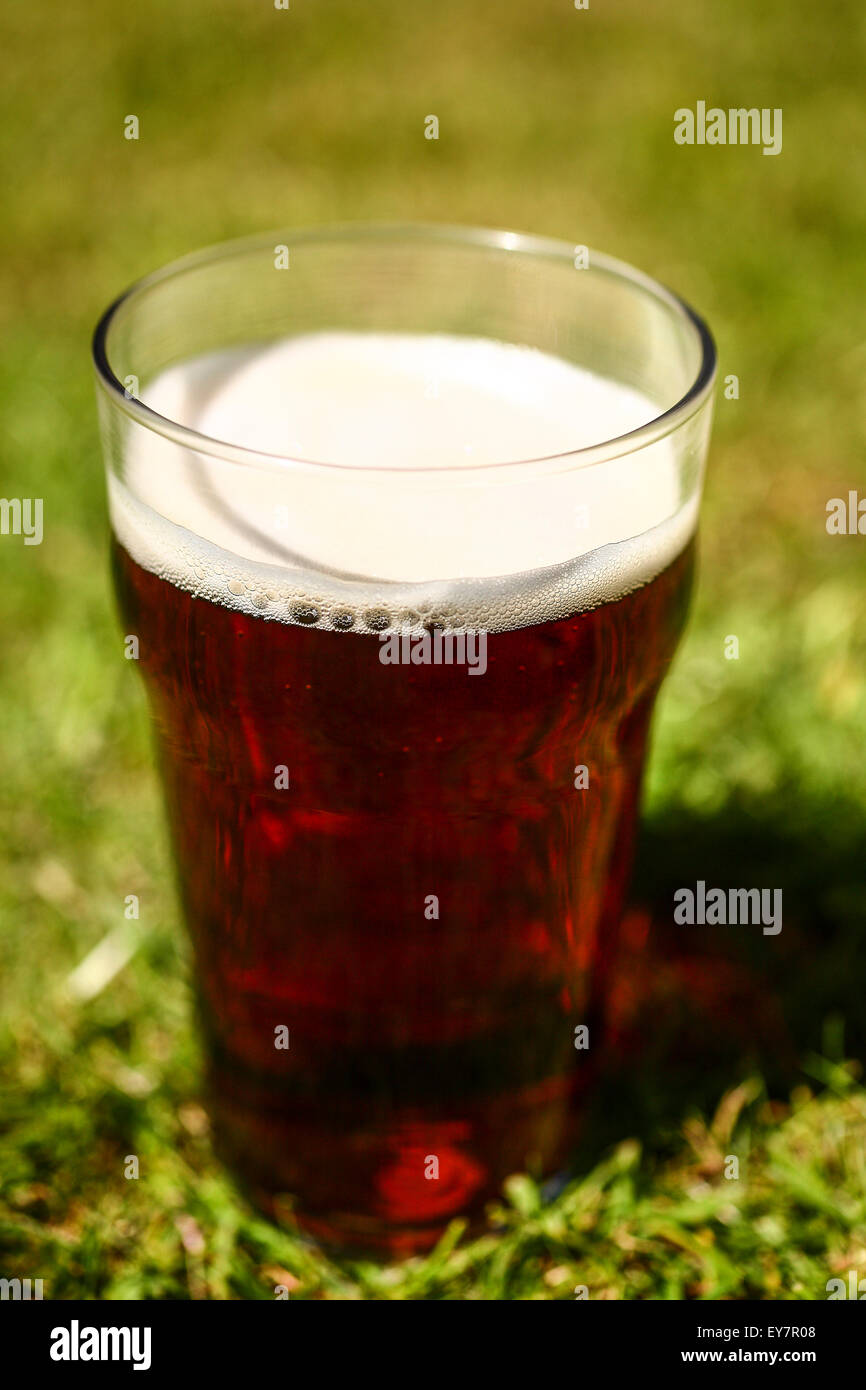 Vetro pinta di birra amara su un prato Foto Stock