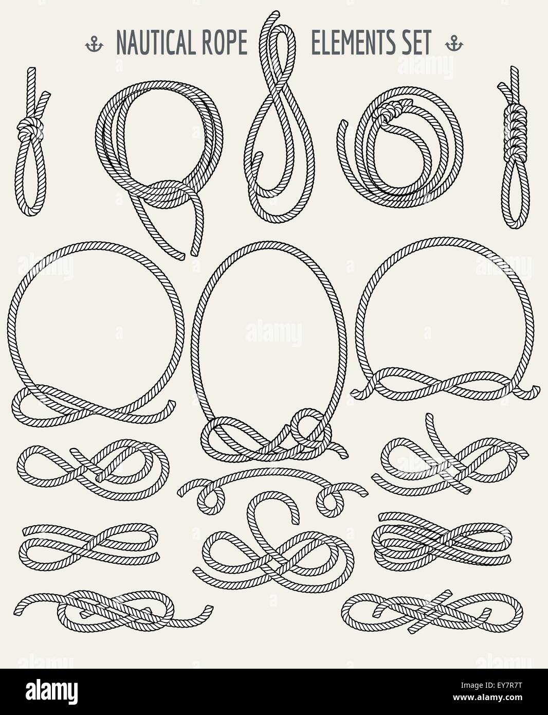 Set di cima nautica gli elementi di design. In stile retrò. Nodi e loop. Solo font Free Economic utilizzato. Isolato su sfondo chiaro. Illustrazione Vettoriale