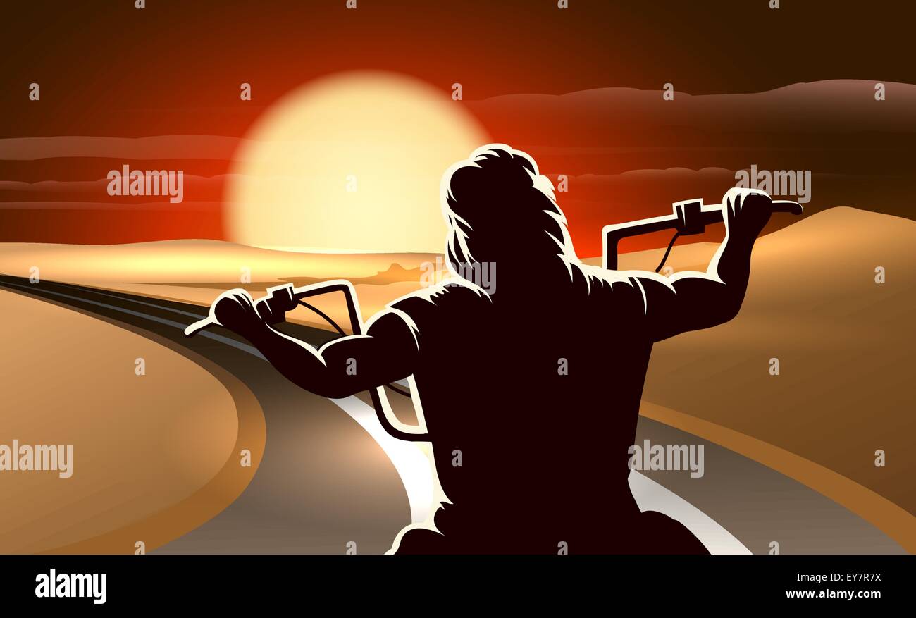 Biker moto equitazione attraverso un deserto nel crepuscolo. Illustrazione Vettoriale