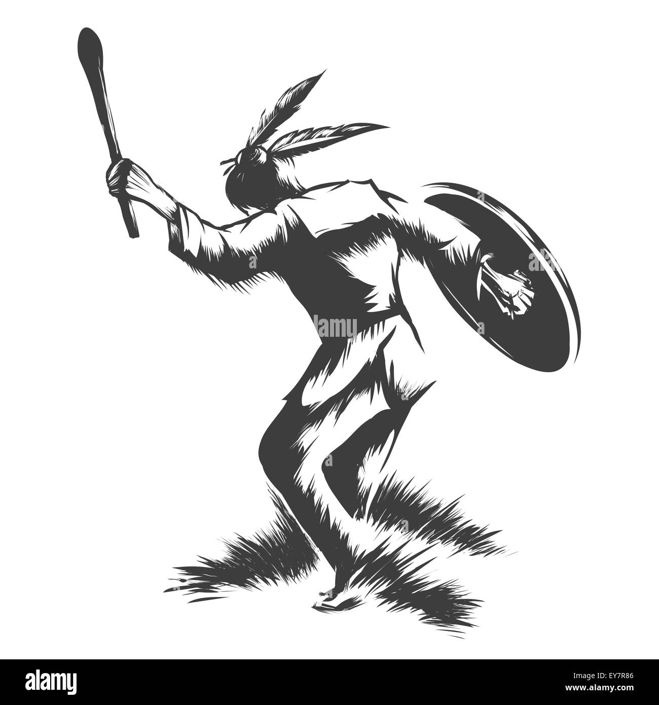 Sciamano indiano con testa di toro tamburo e stick. Danza rituale dei nativi americani. Isolato in bianco e nero su sfondo bianco. Illustrazione Vettoriale