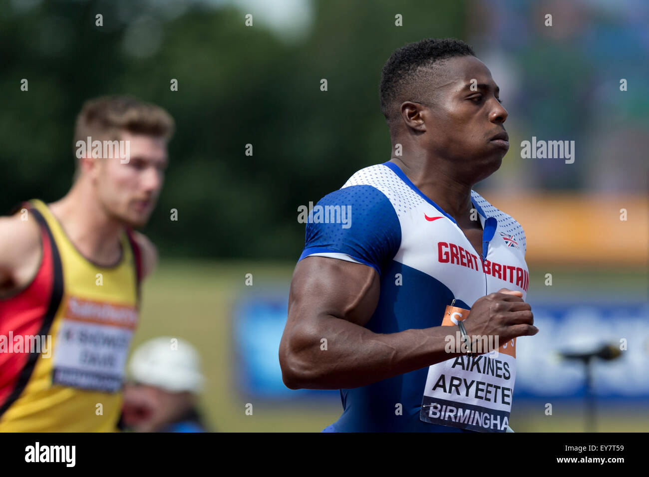 Harry AIKINES-ARYEETEY Uomini 100m Semi-Final 2 2014 Sainsbury's del Campionato Britannico Birmingham Alexander Stadium Regno Unito Foto Stock