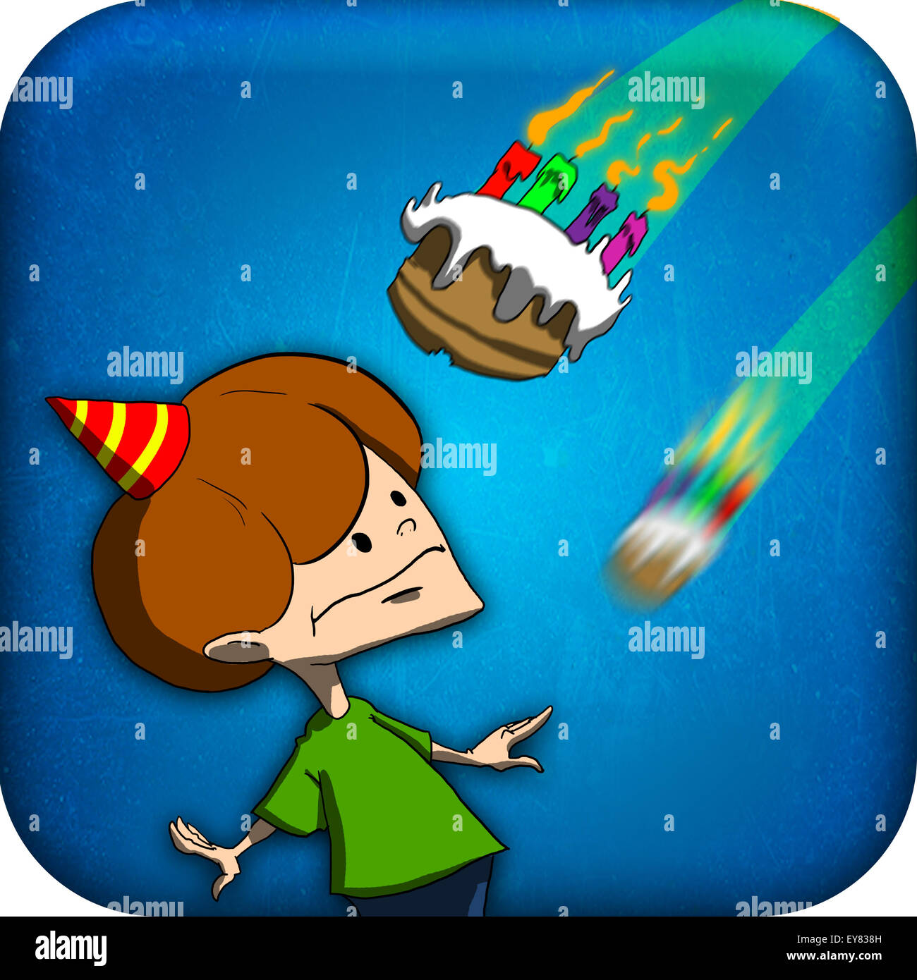 Una icona di compleanno con un ragazzo e una volare verso di lui torta di compleanno. Foto Stock