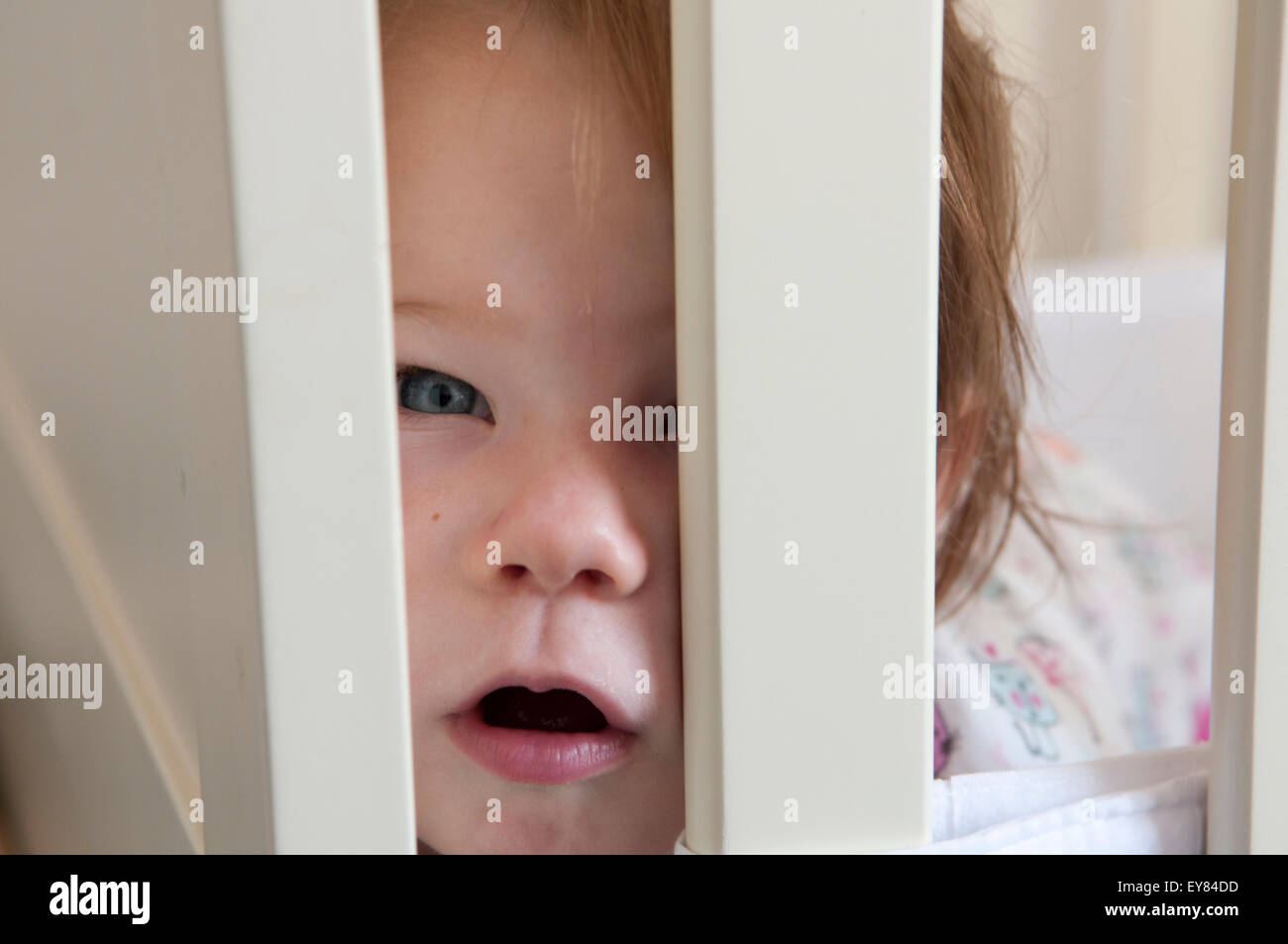 Baby girl guardando attraverso le sbarre della sua culla Foto Stock