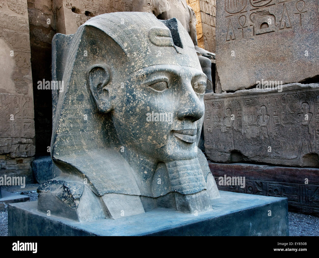 Luxor, Egitto. Tempio di Luxor: la grande testa del faraone Ramses II il Grande (1303-1212 a.C.) Foto Stock