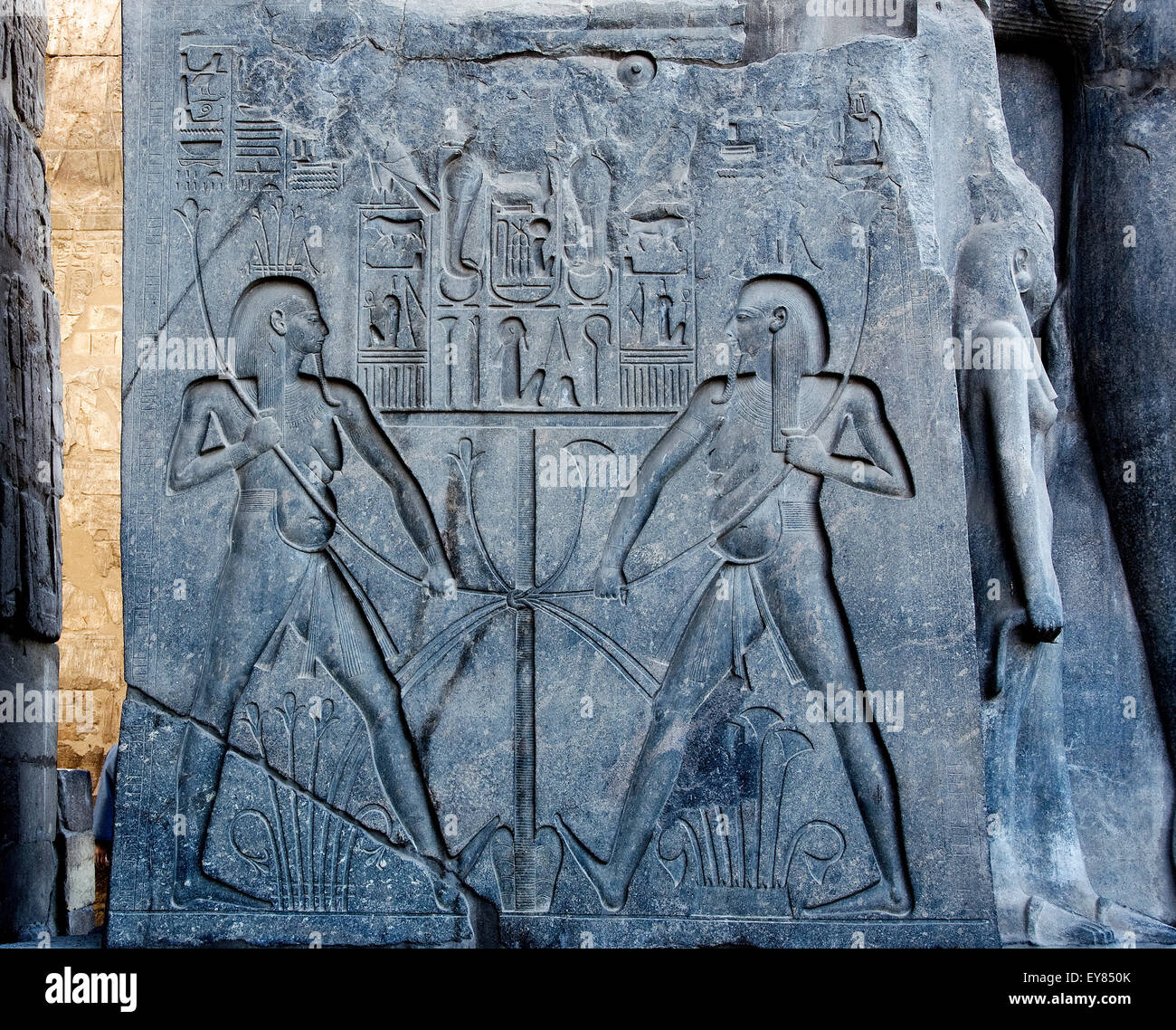 Luxor, Egitto. Tempio di Luxor: rilievo sulla base della gigantesca statua del faraone Ramses II Foto Stock