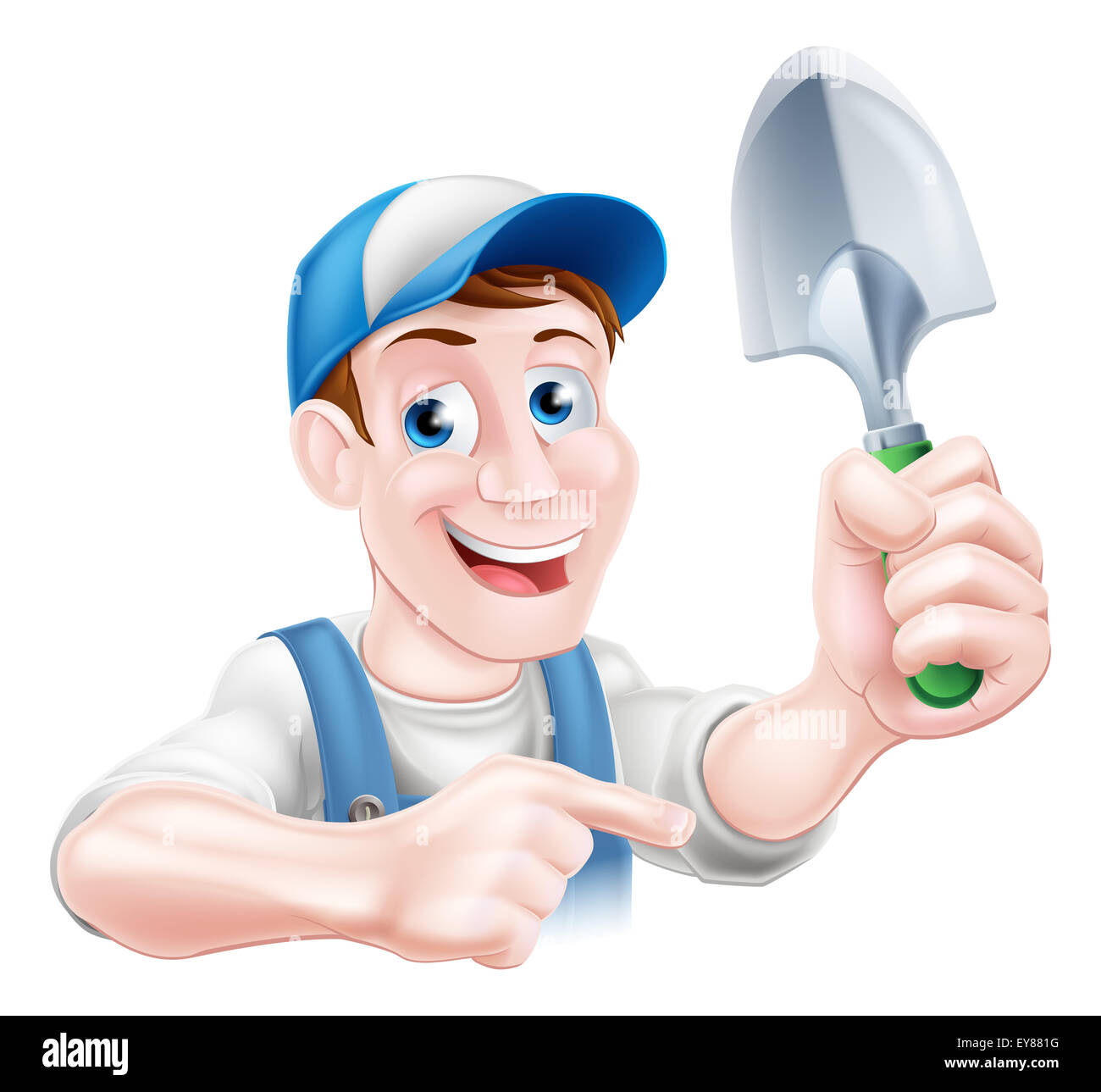 Happy cartoon giardiniere carattere in un cappuccio e salopette da tenendo un giardino cazzuola strumento a forcella e puntamento Foto Stock