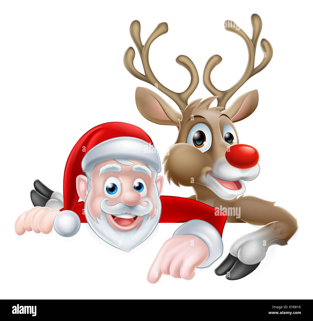 Cartoon Santa e renne peeking al di sopra di segno e di puntamento illustrazione di Natale Foto Stock