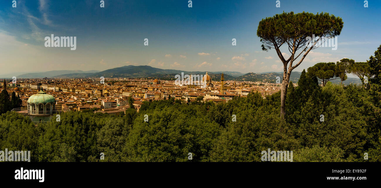 Vista panoramica di Firenze. Vista dai Giardini di Boboli, con la cupola verde del Kaffeehaus e il Pino di pietra in primo piano. Italia Foto Stock