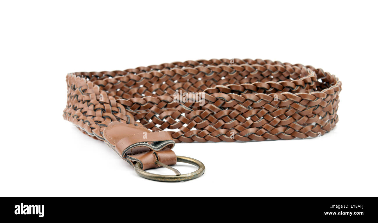 Brown cintura in cuoio con fibbia isolato su bianco Foto Stock