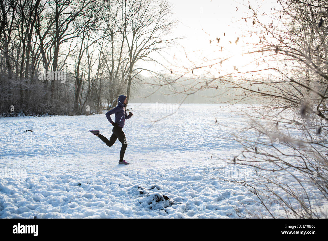 Giovane donna fare jogging nel paesaggio invernale Foto Stock
