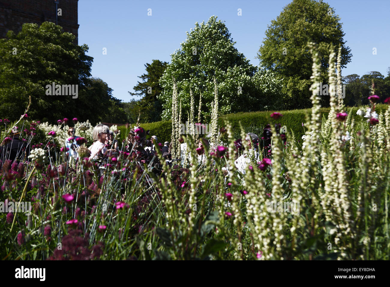 Le persone che visitano Glyndebourne per l'opera durante il festival nel mese di luglio godetevi i giardini & picnic sui prati. Lewes SUSSEX REGNO UNITO Foto Stock