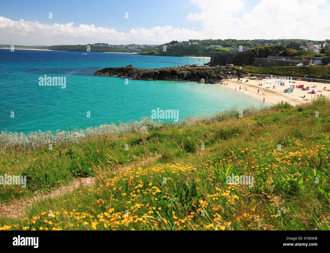 Una sabbiosa spiaggia della Cornovaglia con acqua turchese e fiori di colore giallo in primo piano. Foto Stock