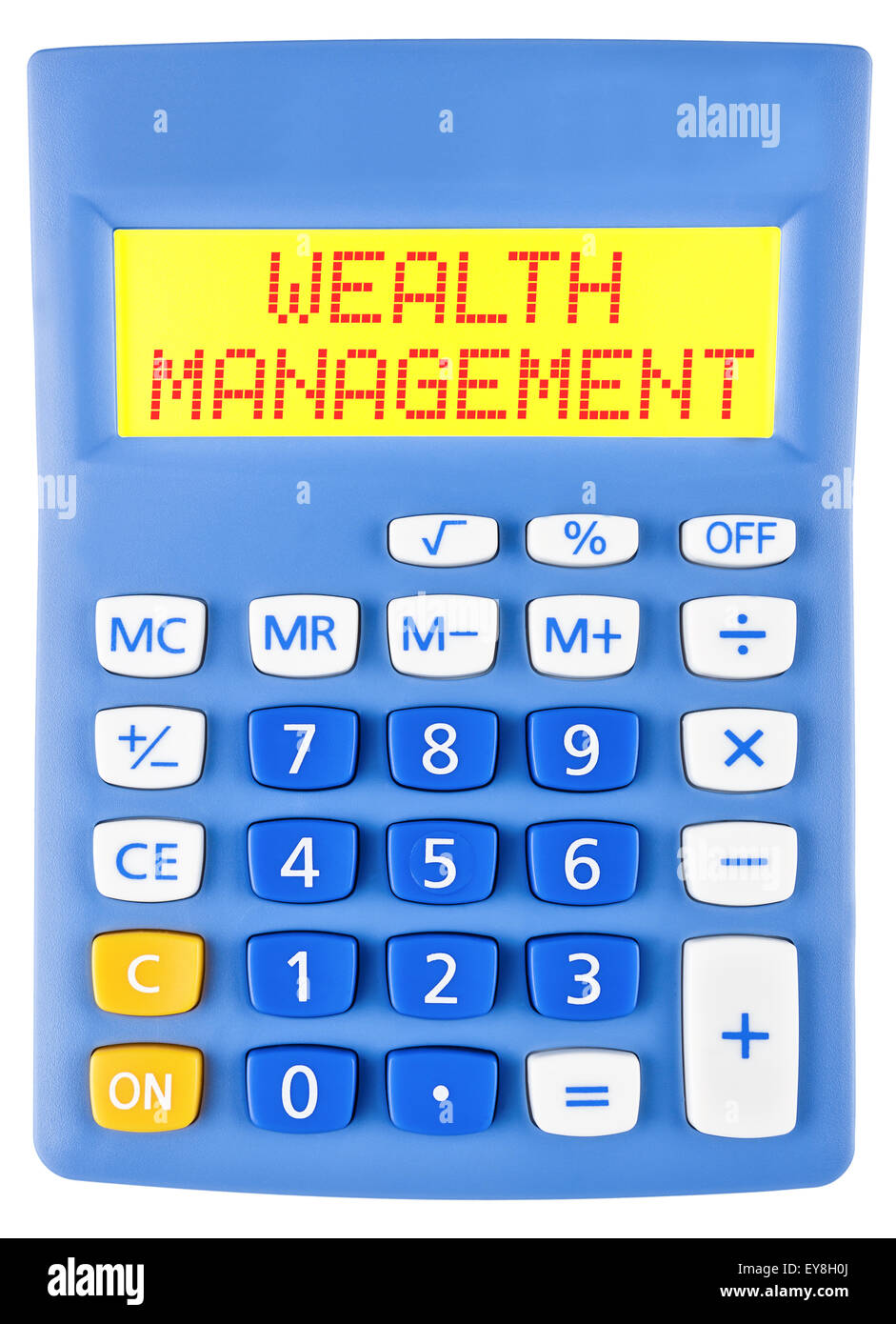 Calcolatrice con WEALTH MANAGEMENT sul display isolati su sfondo bianco Foto Stock