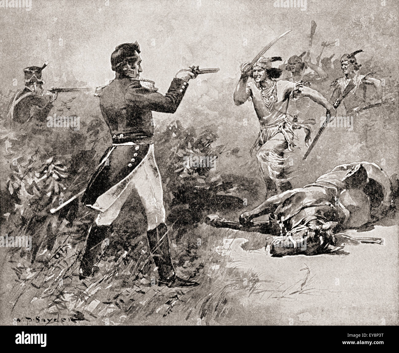 La morte di Tecumseh durante la battaglia del Tamigi, 5 ottobre 1813. Tecumseh, 1768 - 1813. Nativo americana leader della Shawnee e una grande confederazione tribale noto come Tecumseh la Confederazione. Foto Stock