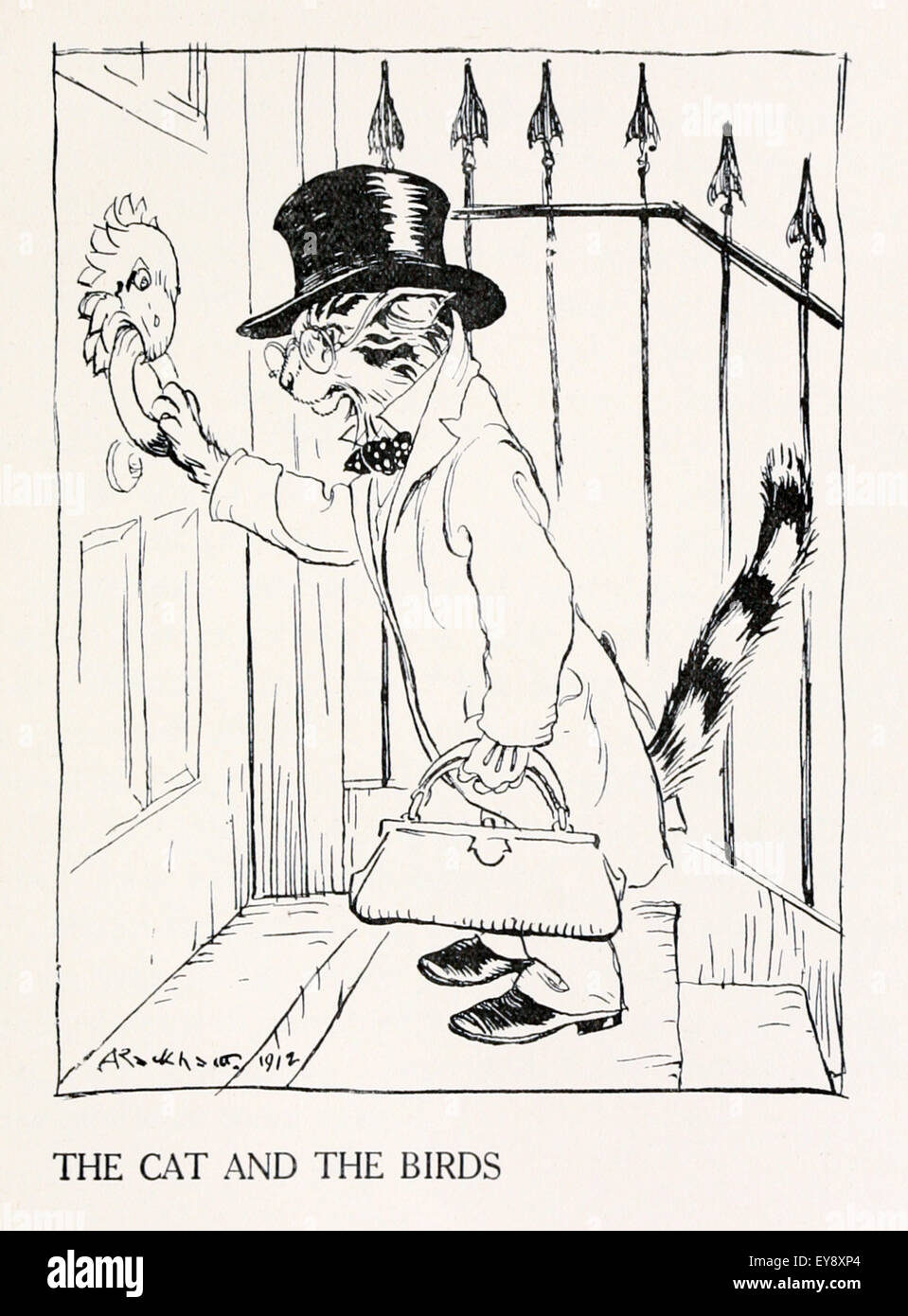 "Il gatto e uccelli" favola di Esopo (circa 600BC). Fame cat abiti come un medico e chiede una voliera. Morale: un furfante può travestirsi, ma lui non ingannare il saggio. Illustrazione di Arthur Rackham (1867-1939). Vedere la descrizione per maggiori informazioni. Foto Stock